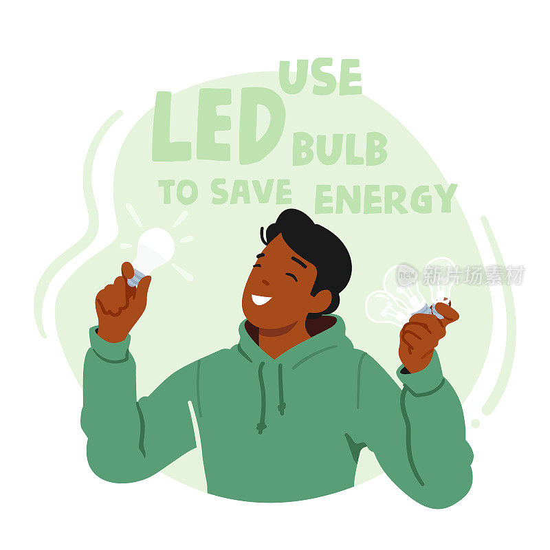 Man Character使用Led灯泡节省能源，高效和可持续的照明解决方案，减少电力